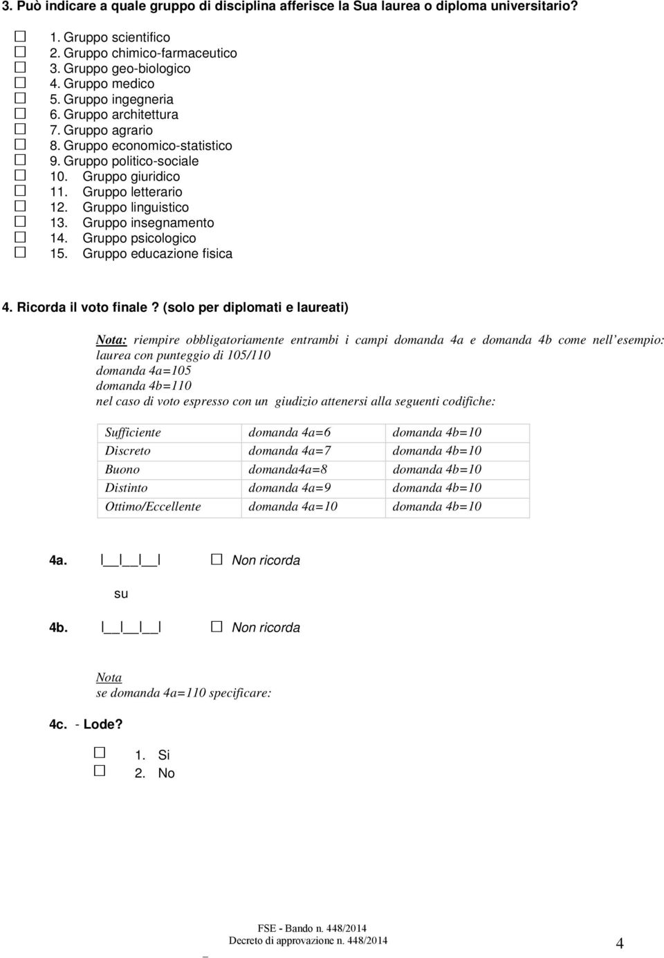 Gruppo insegnamento 14. Gruppo psicologico 15. Gruppo educazione fisica 4. Ricorda il voto finale?