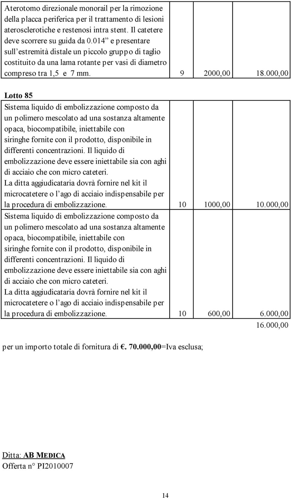 000,00 Lotto 85 Sistema liquido di embolizzazione composto da un polimero mescolato ad una sostanza altamente opaca, biocompatibile, iniettabile con siringhe fornite con il prodotto, disponibile in