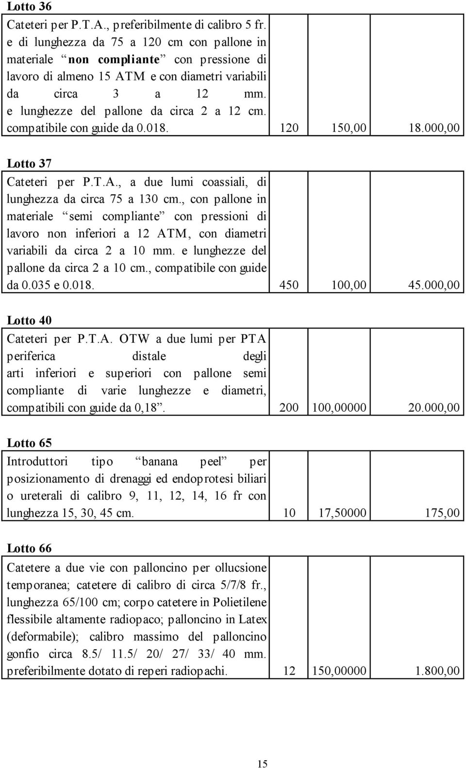 compatibile con guide da 0.018. 120 150,00 18.000,00 Lotto 37 Cateteri per P.T.A., a due lumi coassiali, di lunghezza da circa 75 a 130 cm.