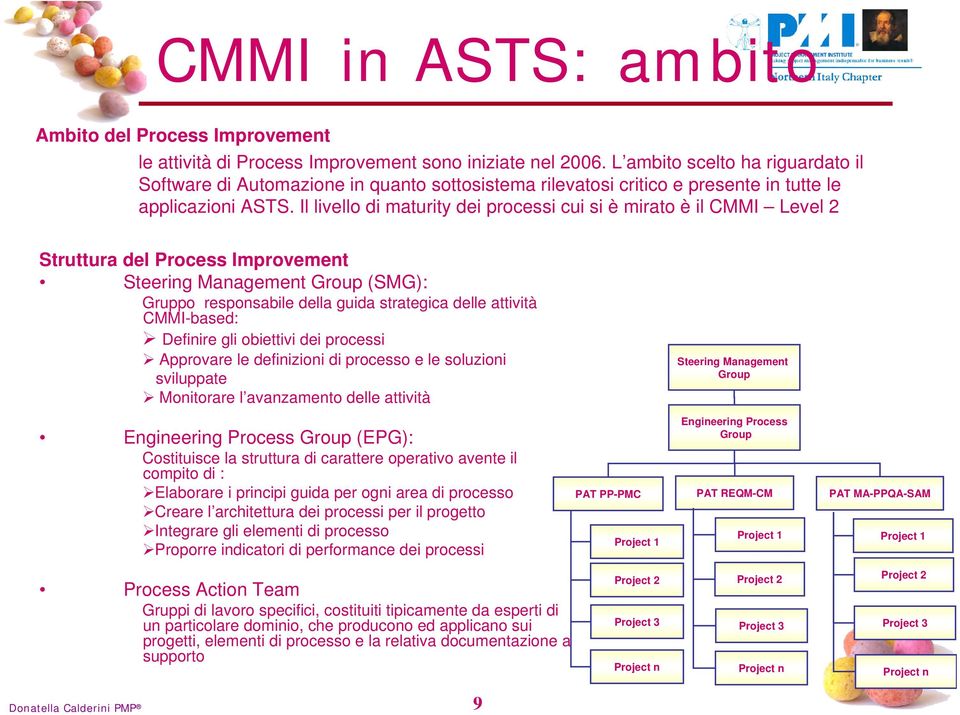 Il livello di maturity dei processi cui si è mirato è il CMMI Level 2 Struttura del Process Improvement Steering Management Group (SMG): Gruppo responsabile della guida strategica delle attività