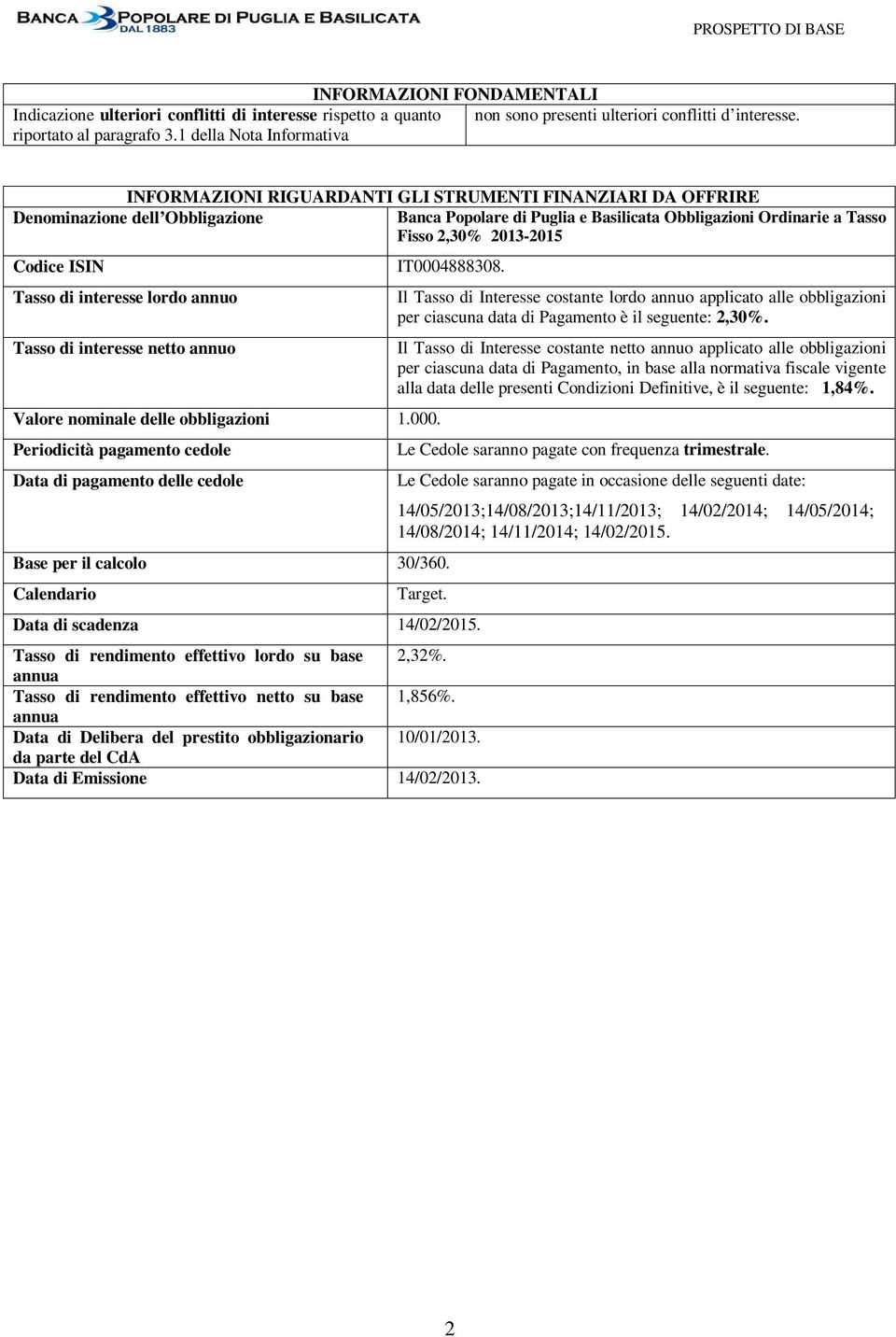 2013-2015 Codice ISIN Tasso di interesse lordo annuo Tasso di interesse netto annuo Valore nominale delle obbligazioni 1.000.