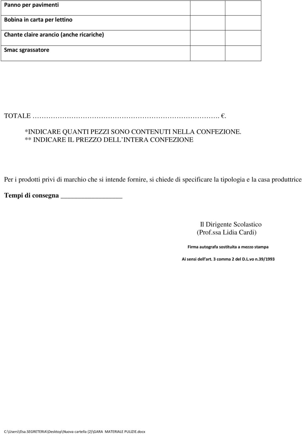 ** INDICARE IL PREZZO DELL INTERA CONFEZIONE Per i prodotti privi di marchio che si intende fornire, si chiede di