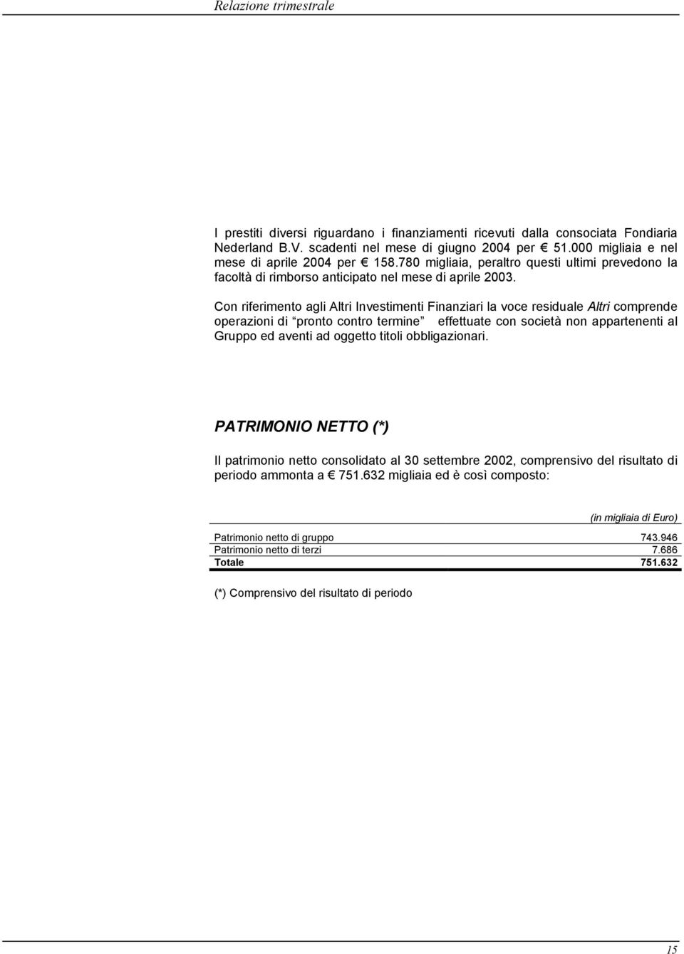 Con riferimento agli Altri Investimenti Finanziari la voce residuale Altri comprende operazioni di pronto contro termine effettuate con società non appartenenti al Gruppo ed aventi ad oggetto titoli