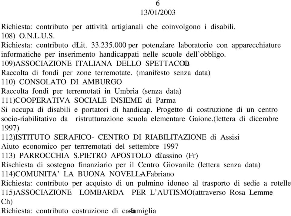 109)ASSOCIAZIONE ITALIANA DELLO SPETTACOLO Raccolta di fondi per zone terremotate.