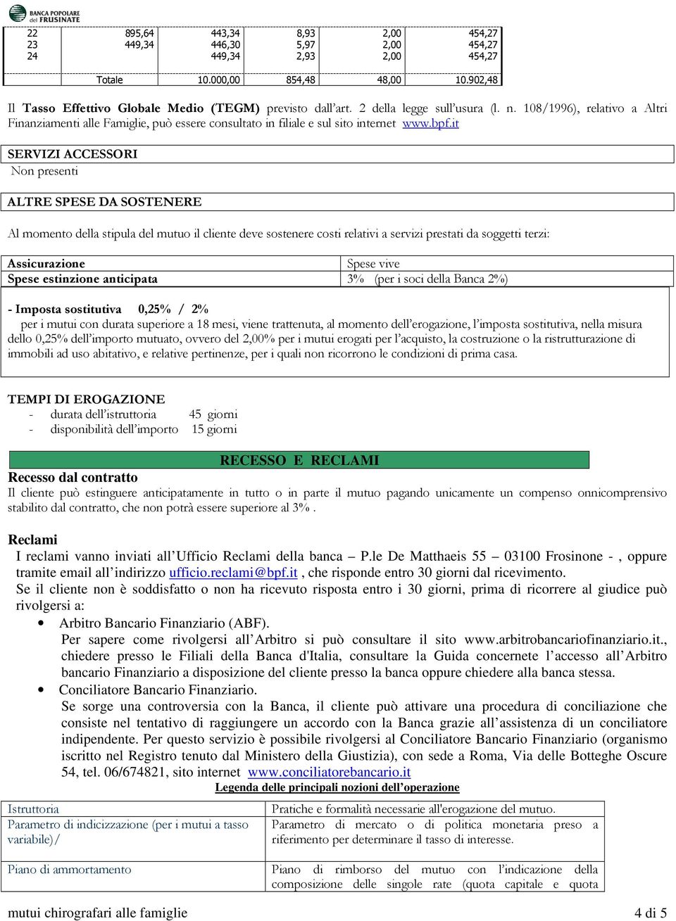 it SERVIZI ACCESSORI Non presenti ALTRE SPESE DA SOSTENERE Al momento della stipula del mutuo il cliente deve sostenere costi relativi a servizi prestati da soggetti terzi: Assicurazione Spese vive