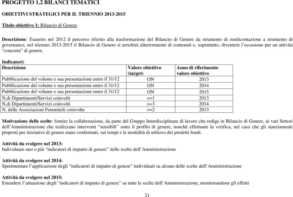 strumento di rendicontazione a strumento di governance, nel triennio 2013-2015 il Bilancio di Genere si arrichirà ulteriormente di contenuti e, soprattutto, diventerà l occasione per un attività