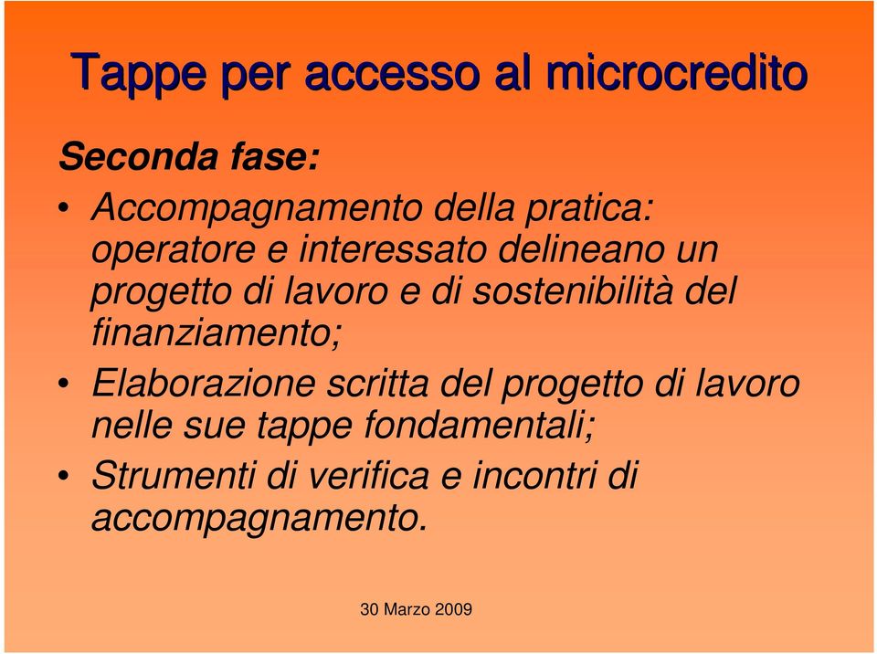 sostenibilità del finanziamento; Elaborazione scritta del progetto di