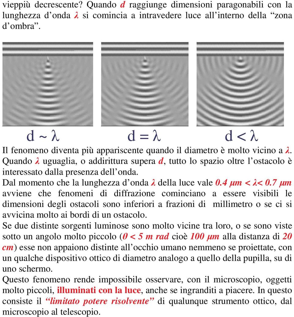 Dal momento che la lunghezza d onda della luce vale 0.4 m < < 0.