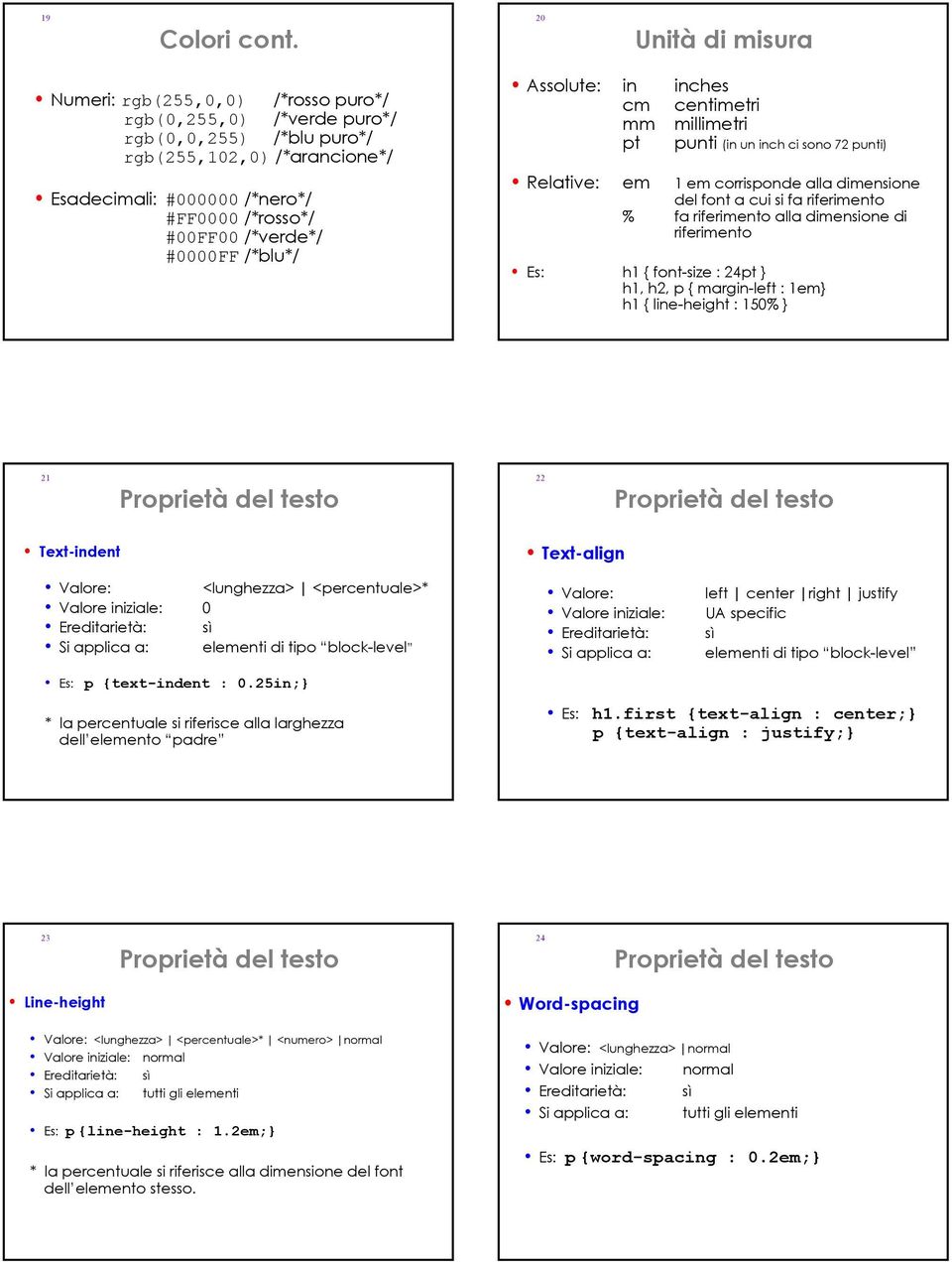/*verde*/ #0000FF /*blu*/ Assolute: in inches cm centimetri mm millimetri pt punti (in un inch ci sono 72 punti) Relative: em 1 em corrisponde alla dimensione del font a cui si fa riferimento % fa