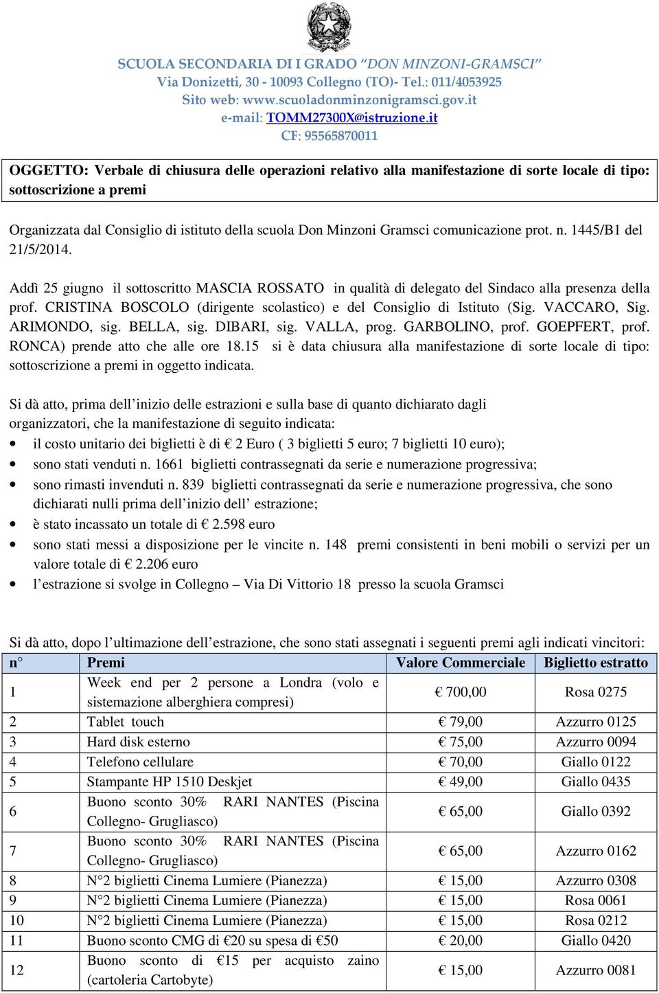 CRISTINA BOSCOLO (dirigente scolastico) e del Consiglio di Istituto (Sig. VACCARO, Sig. ARIMONDO, sig. BELLA, sig. DIBARI, sig. VALLA, prog. GARBOLINO, prof. GOEPFERT, prof.