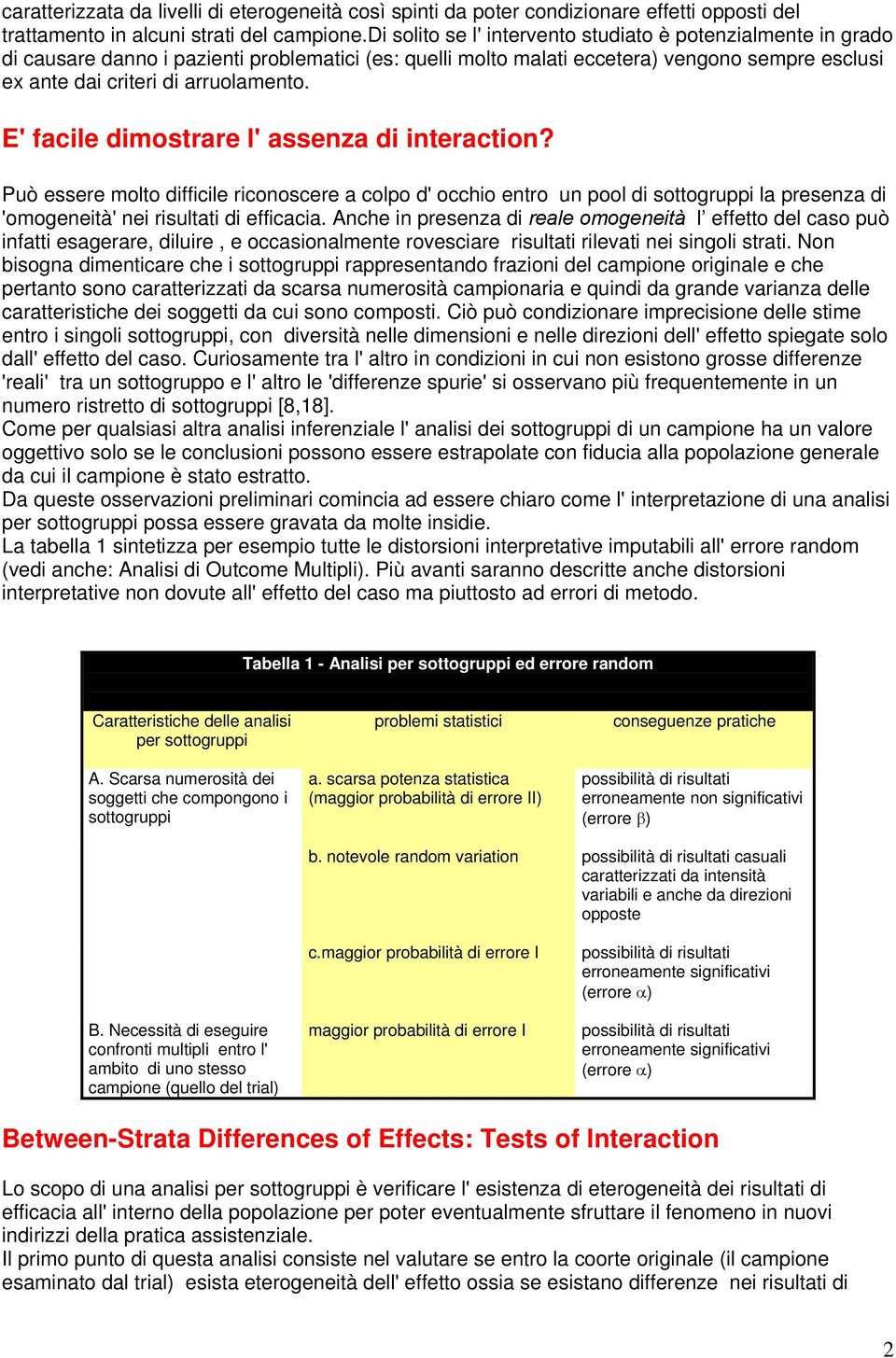 E' facile dimostrare l' assenza di interaction? Può essere molto difficile riconoscere a colpo d' occhio entro un pool di sottogruppi la presenza di 'omogeneità' nei risultati di efficacia.