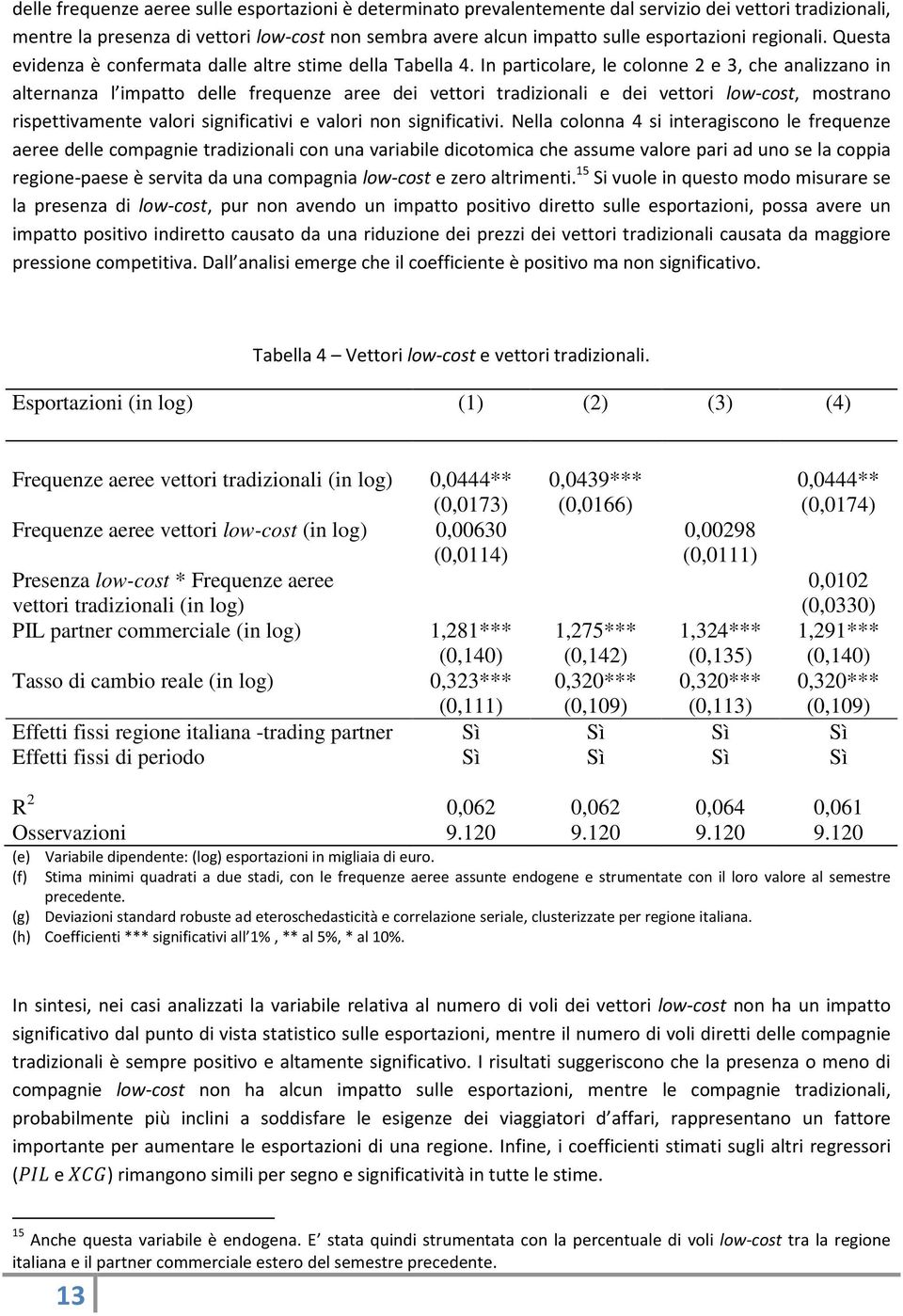 In particolare, le colonne 2 e 3, che analizzano in alternanza l impatto delle frequenze aree dei vettori tradizionali e dei vettori low-cost, mostrano rispettivamente valori significativi e valori