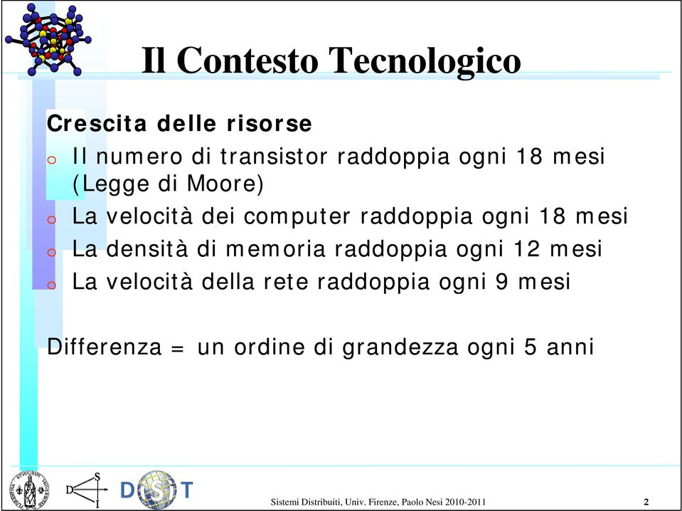 memoria raddoppia ogni 12 mesi La velocità della rete raddoppia ogni 9 mesi Differenza =