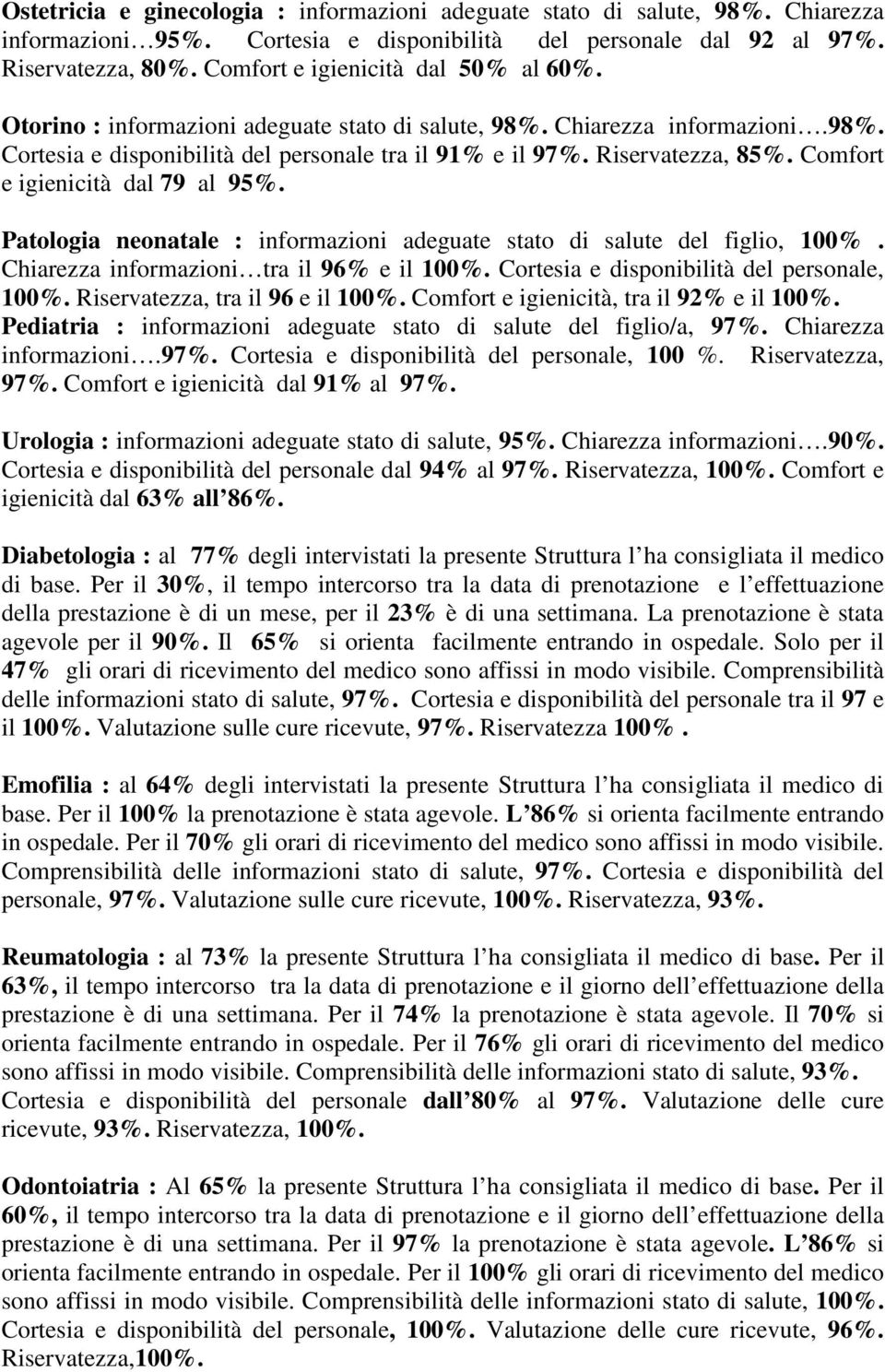 Comfort e igienicità dal 79 al 95%. Patologia neonatale : informazioni adeguate stato di salute del figlio, 100%. Chiarezza informazioni tra il 96% e il 100%.