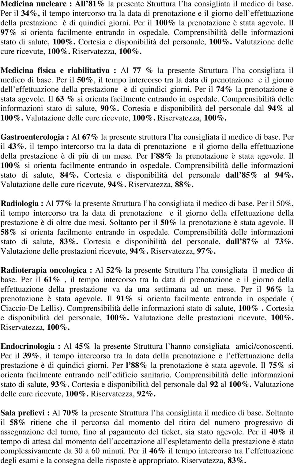 Il 97% si orienta facilmente entrando in ospedale. Comprensibilità delle informazioni stato di salute, 100%. Cortesia e disponibilità del personale, 100%. Valutazione delle cure ricevute, 100%.