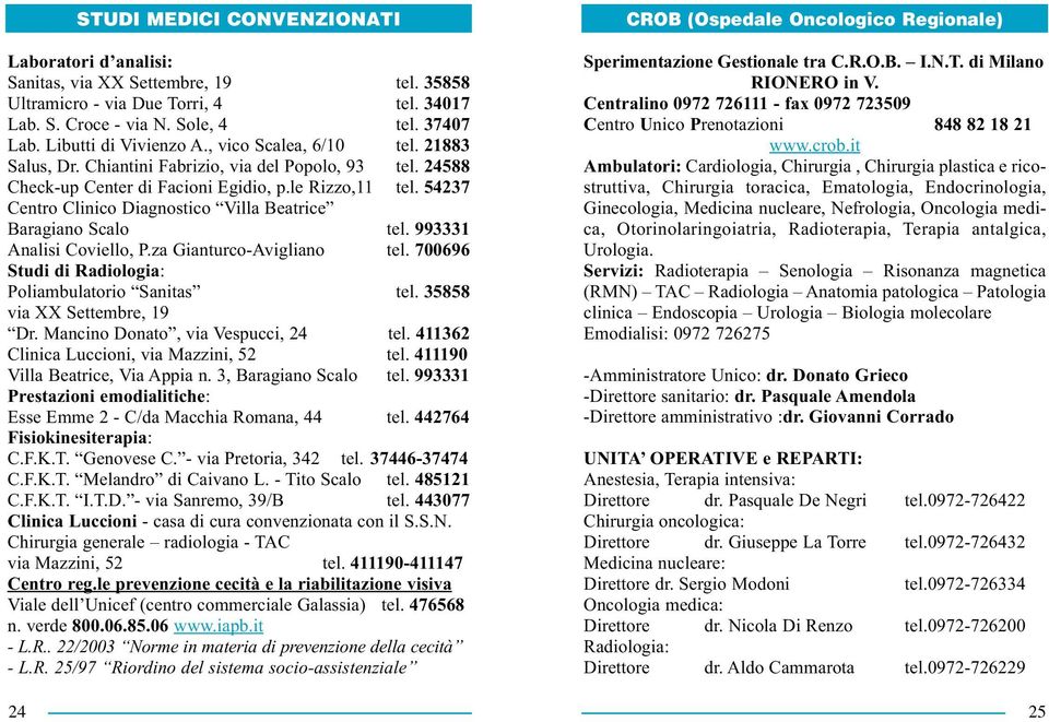 54237 Centro Clinico Diagnostico Villa Beatrice Baragiano Scalo tel. 993331 Analisi Coviello, P.za Gianturco-Avigliano tel. 700696 Studi di Radiologia: Poliambulatorio Sanitas tel.