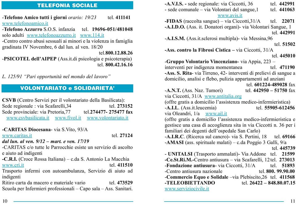 125/91 Pari opportunità nel mondo del lavoro VOLONTARIATO e SOLIDARIETA CSVB (Centro Servizi per il volontariato della Basilicata): Sede regionale : via Scafarelli,34 tel.