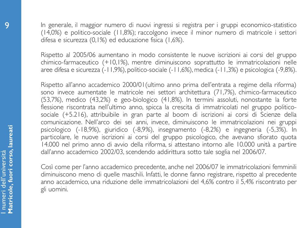 Rispetto al 2005/06 aumentano in modo consistente le nuove iscrizioni ai corsi del gruppo chimico-farmaceutico (+10,1%), mentre diminuiscono soprattutto le immatricolazioni nelle aree difesa e