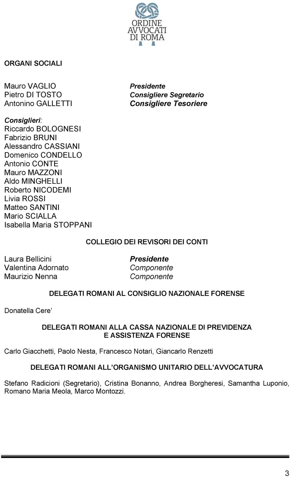 Adornato Maurizio Nenna Presidente Componente Componente Donatella Cere DELEGATI ROMANI AL CONSIGLIO NAZIONALE FORENSE DELEGATI ROMANI ALLA CASSA NAZIONALE DI PREVIDENZA E ASSISTENZA FORENSE Carlo