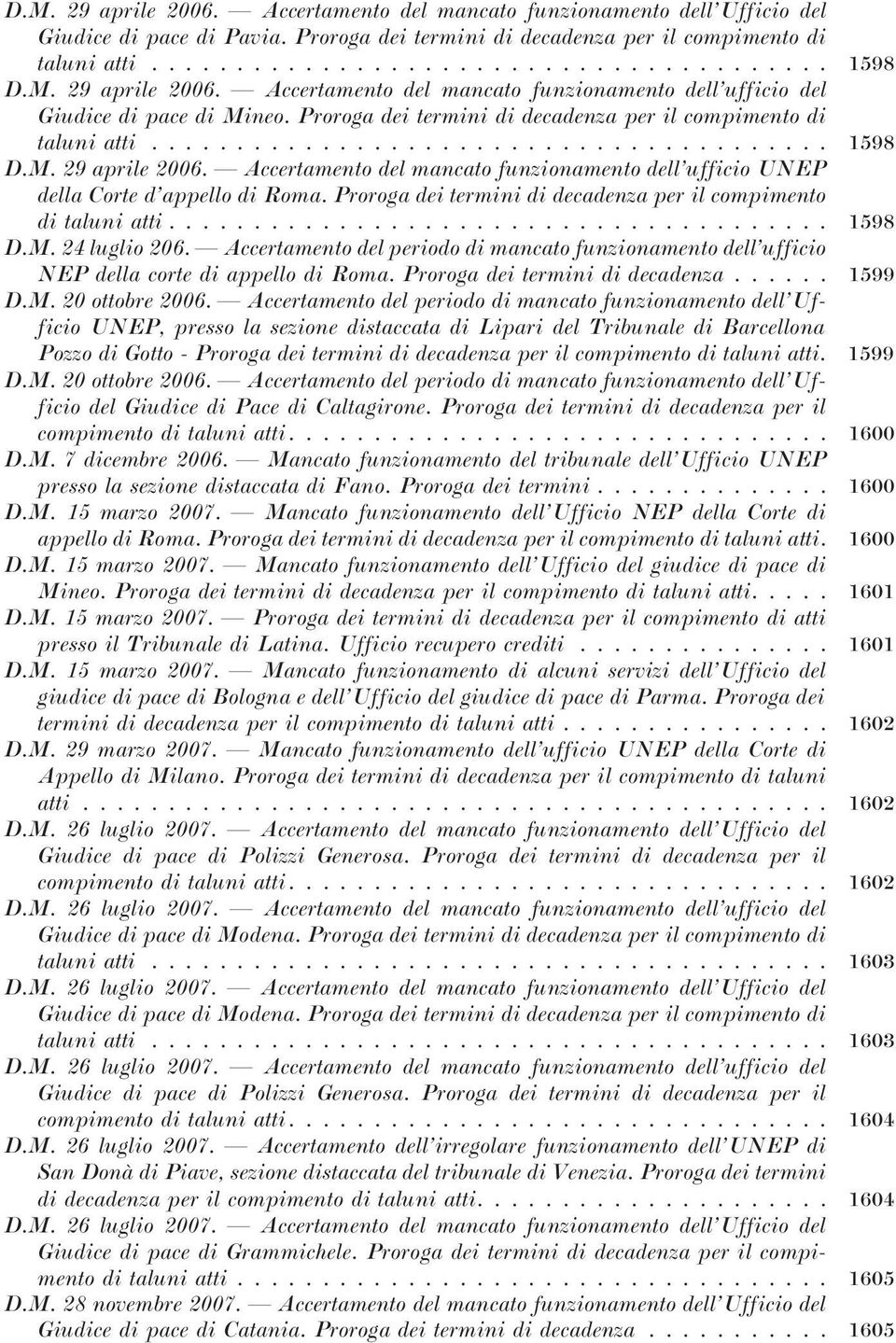 Proroga dei termini di decadenza per il compimento di taluni atti... 1598 D.M. 24 luglio 206. Accertamento del periodo di mancato funzionamento dell ufficio NEP della corte di appello di Roma.