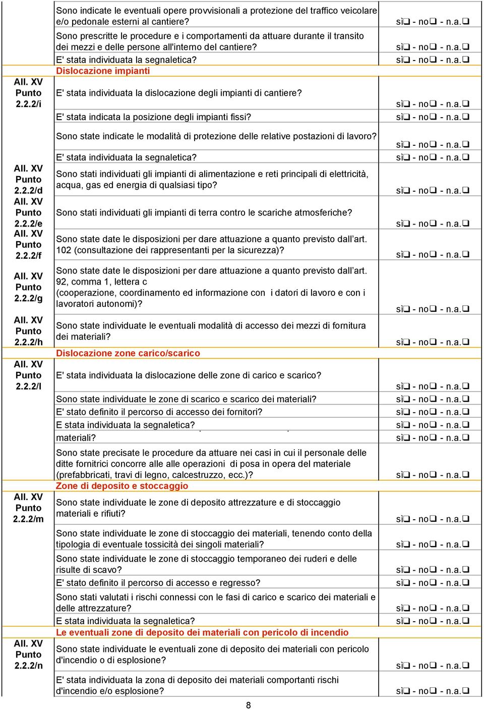 Dislocazione impianti E' stata individuata la dislocazione degli impianti di cantiere? E' stata indicata la posizione degli impianti fissi?