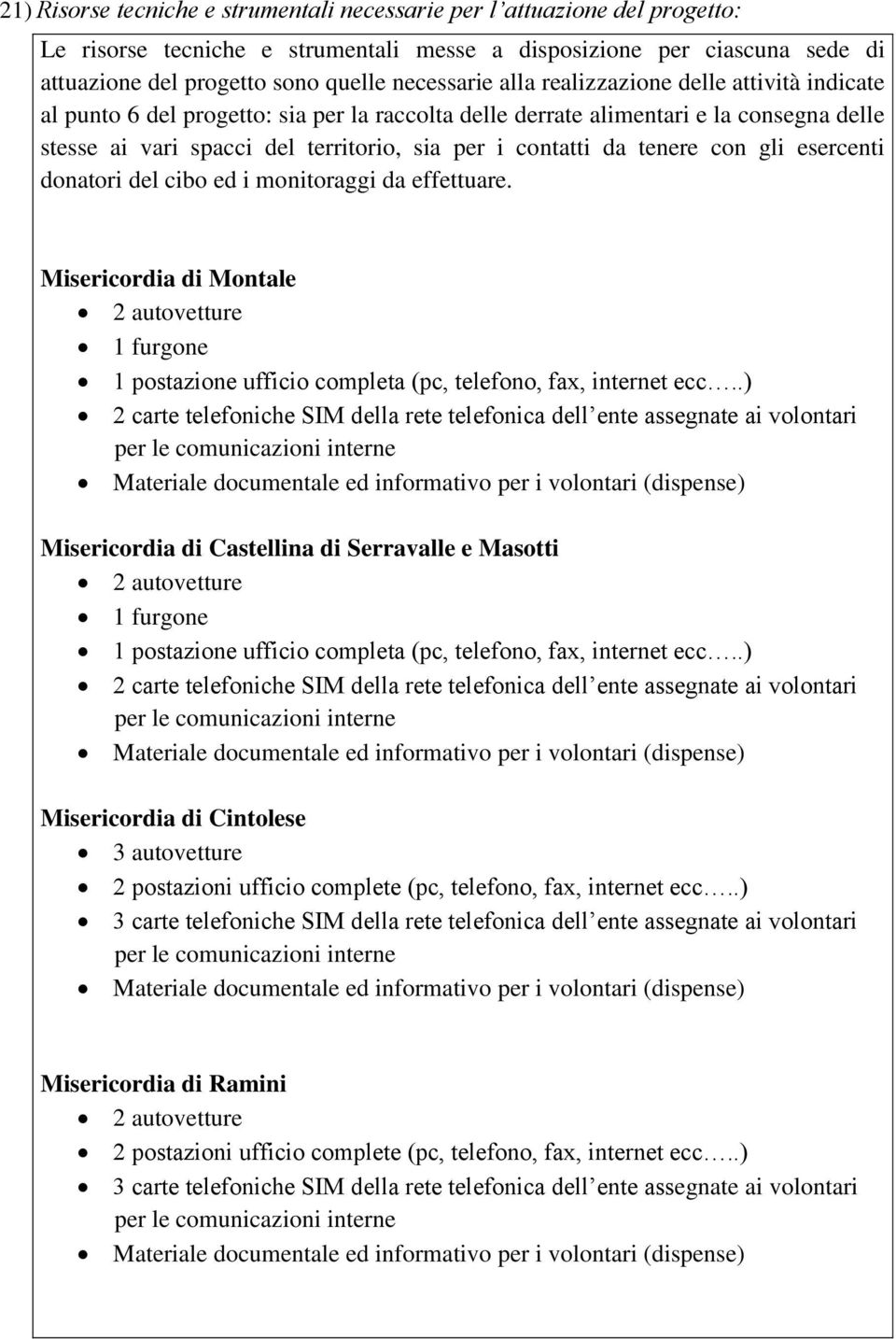 con gli esercenti donatori del cibo ed i monitoraggi da effettuare. Misericordia di Montale 2 autovetture 1 furgone 1 postazione ufficio completa (pc, telefono, fax, internet ecc.