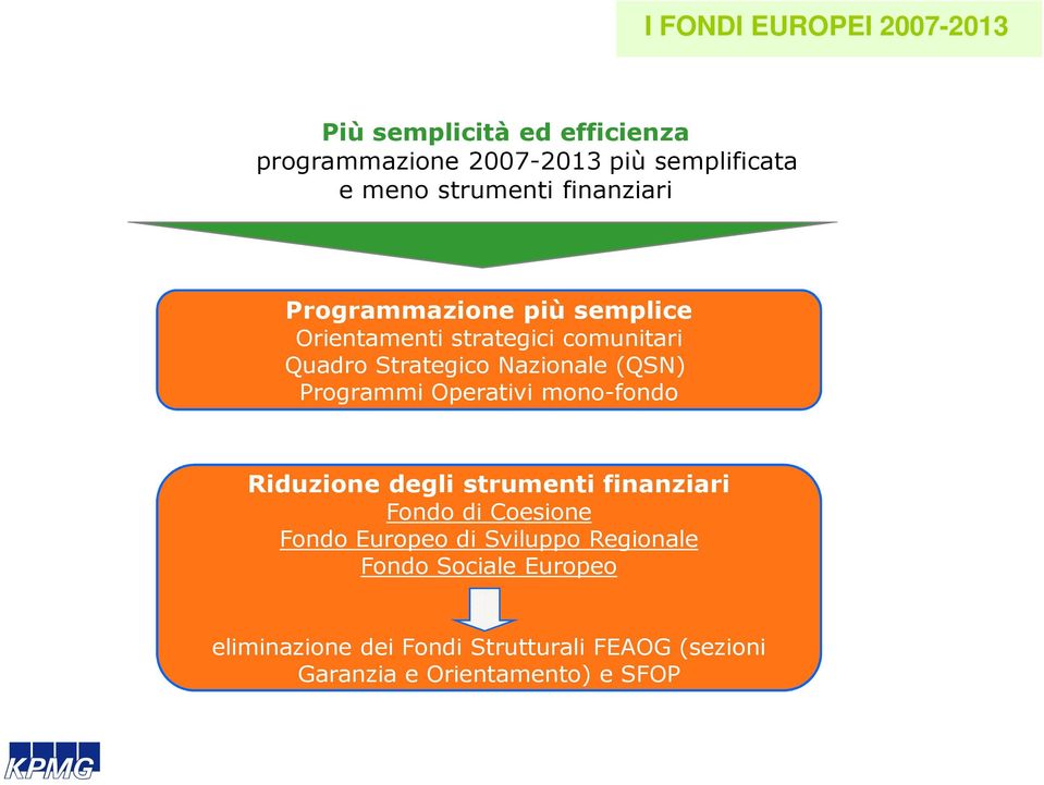 Strategico Nazionale (QSN) Programmi Operativi mono-fondo Riduzione degli strumenti finanziari Fondo di Coesione Fondo