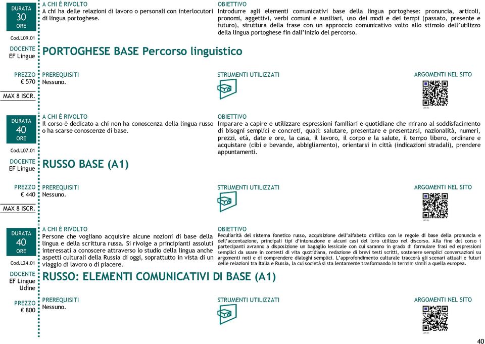 (passato, presente e futuro), struttura della frase con un approccio comunicativo volto allo stimolo dell utilizzo della lingua portoghese fin dall inizio del percorso. 570 MAX 8 ISCR. Nessuno. Cod.