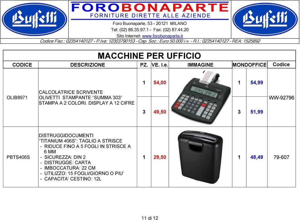 DISPLAY A 12 CIFRE 3 49,50 3 51,99 WW-92796 PBTS406S DISTRUGGIDOCUMENTI TITANIUM 406S ; TAGLIO A