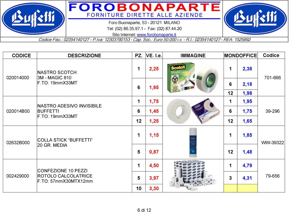 F.TO: 19mmX33MT 1 1,75 1 1,95 6 1,45 6 1,75 12 1,25 12 1,65 39-296 02632B000 COLLA STICK BUFFETTI 20 GR.