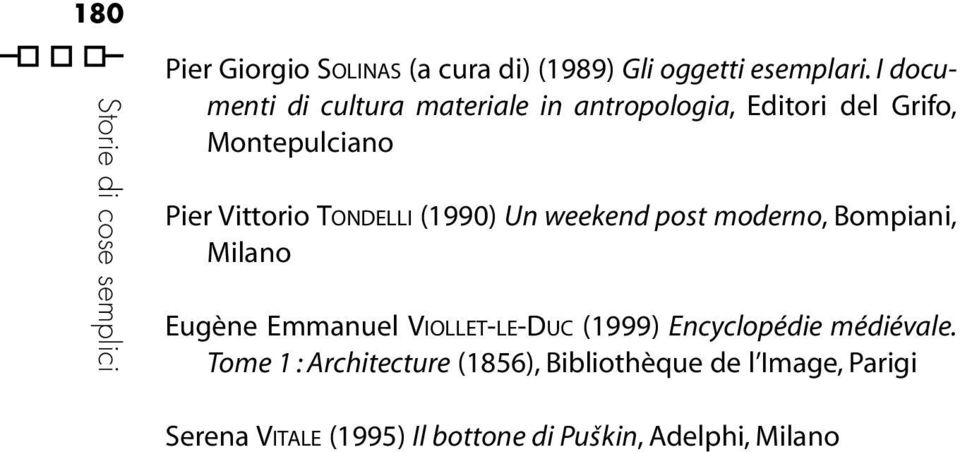 (1990) Un weekend post moderno, Bompiani, Milano Eugène Emmanuel VIOLLET-LE-DUC (1999) Encyclopédie