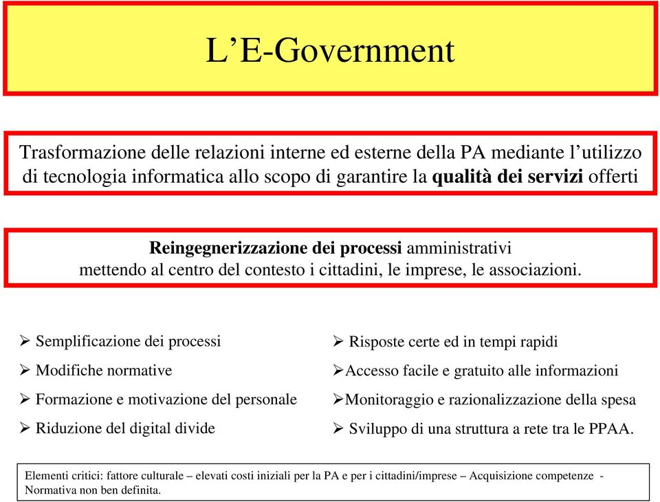 Semplificazione dei processi Modifiche normative Formazione e motivazione del personale Riduzione del digital divide Risposte certe ed in tempi rapidi Accesso facile e gratuito alle