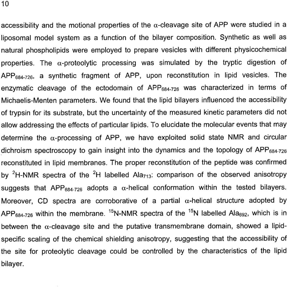 The a-proteolytic processing was simulated by the tryptic digestion of APP684-726. a synthetic fragment of APP, upon reconstitution in lipid vesicles.