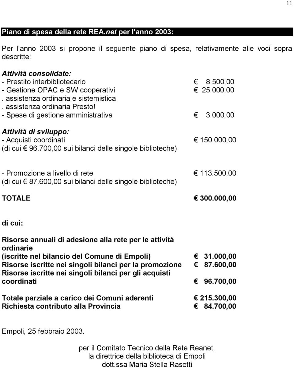 500,00 - Gestione OPAC e SW cooperativi 25.000,00. assistenza ordinaria e sistemistica. assistenza ordinaria Presto! - Spese di gestione amministrativa 3.