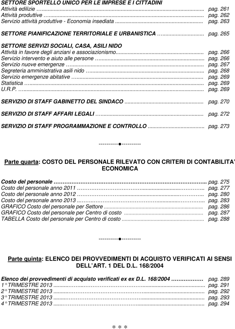 .. Servizio intervento e aiuto alle persone... Servizio nuove emergenze... Segreteria amministrativa asili nido... Servizio emergenze abitative... Statistica... U.R.P.... pag. 266 pag. 266 pag. 267 pag.