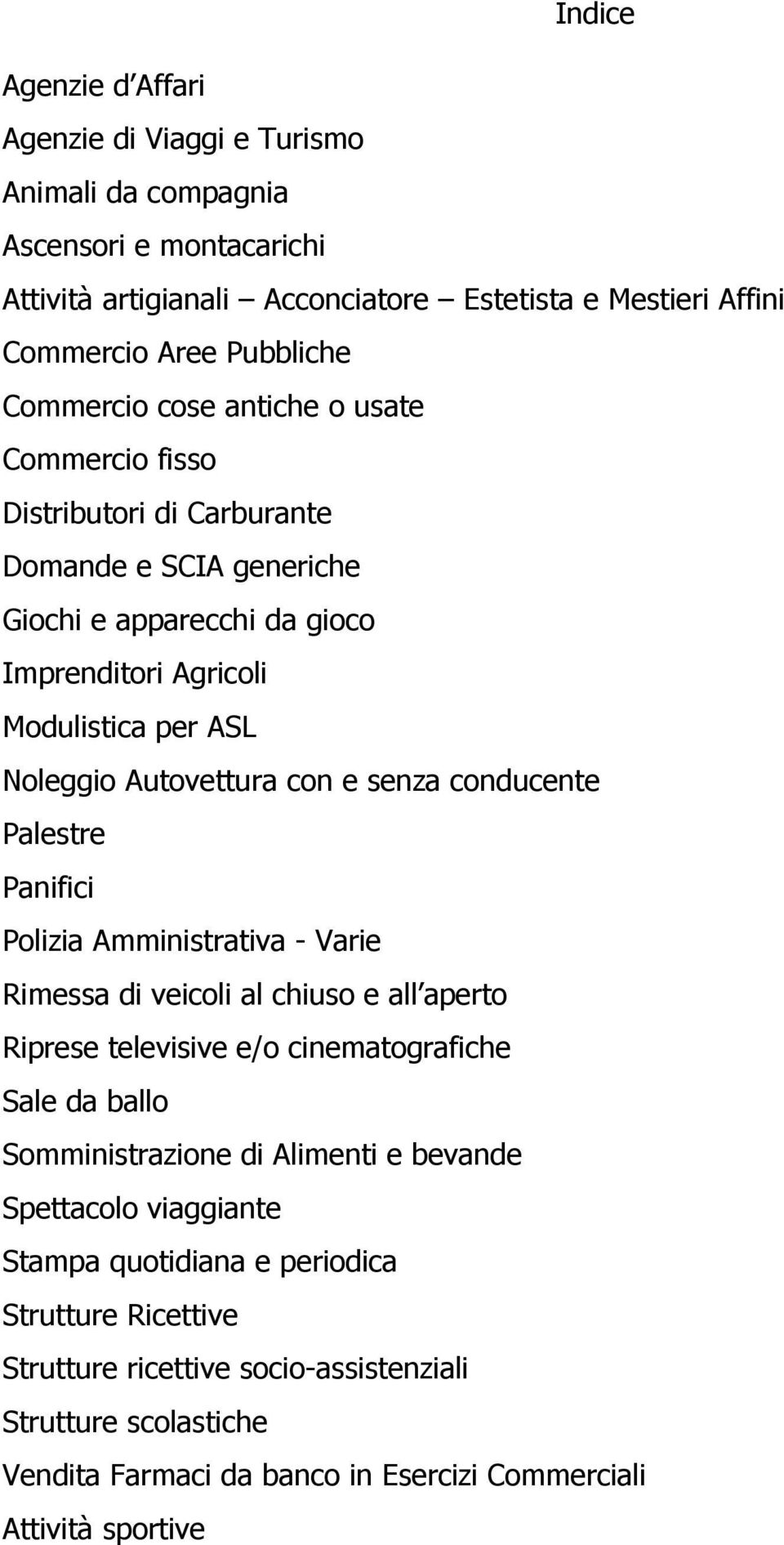 conducente Palestre Panifici Polizia Amministrativa - Varie Rimessa di veicoli al chiuso e all aperto Riprese televisive e/o cinematografiche Sale da ballo Somministrazione di Alimenti e bevande