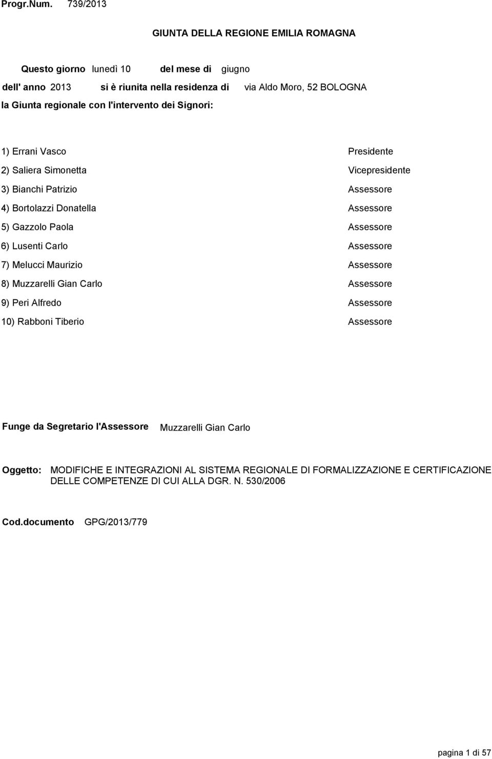 Aldo Moro, 52 BOLOGNA 1) Errani Vasco Presidente 2) Saliera Simonetta Vicepresidente 3) Bianchi Patrizio Assessore 4) Bortolazzi Donatella Assessore 5) Gazzolo Paola Assessore 6) Lusenti