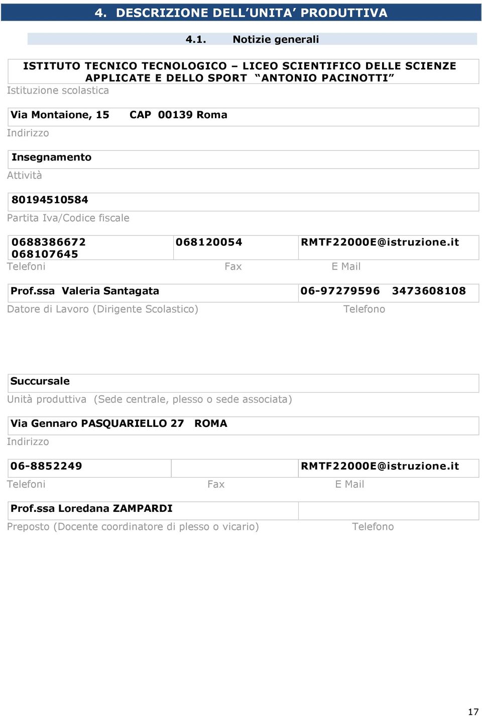 Roma Insegnamento Attività 80194510584 Partita Iva/Codice fiscale 0688386672 068120054 RMTF22000E@istruzione.it 068107645 Telefoni Fax E Mail Prof.