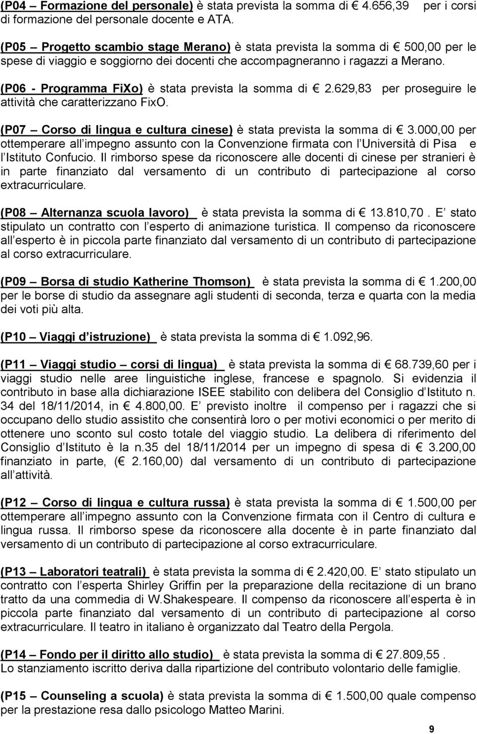 (P06 - Programma FiXo) è stata prevista la somma di 2.629,83 per proseguire le attività che caratterizzano FixO. (P07 Corso di lingua e cultura cinese) è stata prevista la somma di 3.