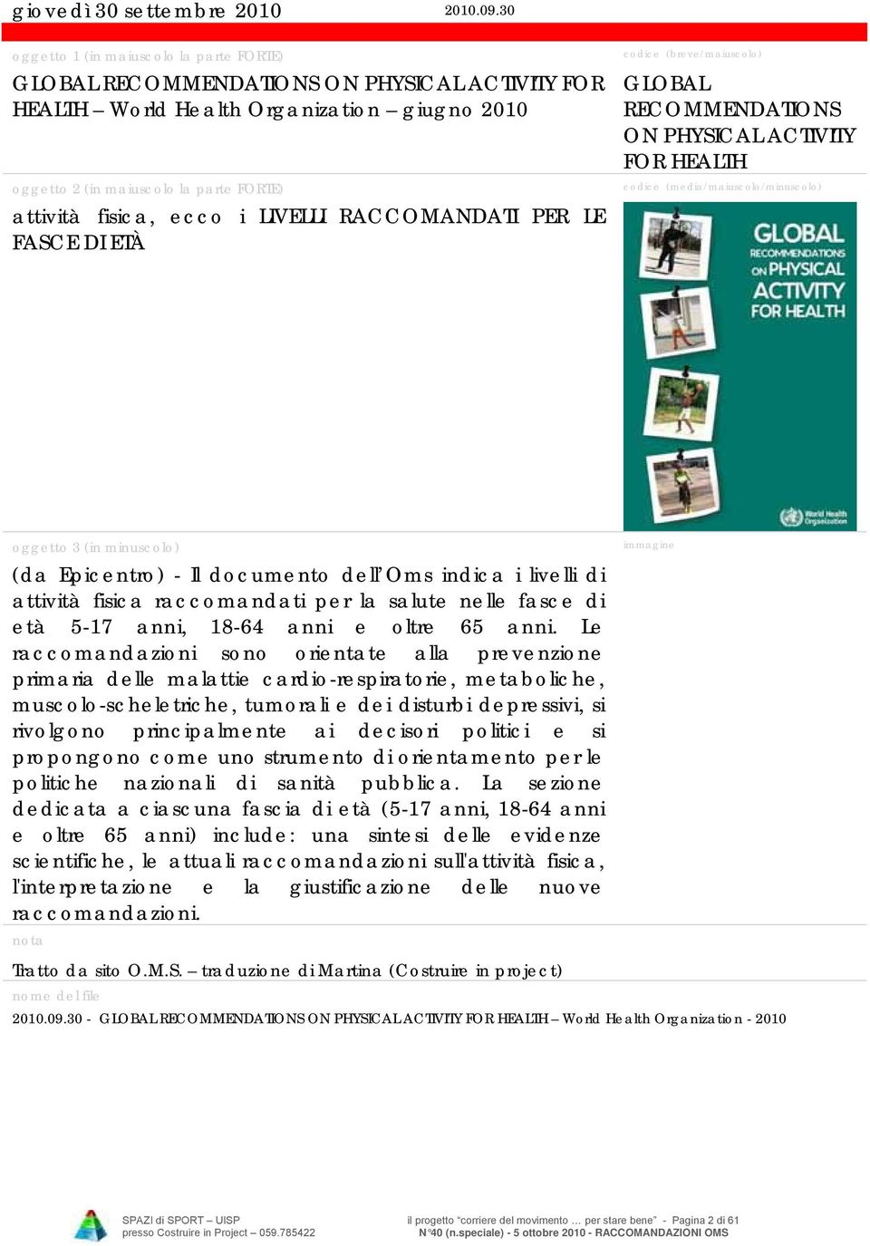 LIVELLI RACCOMANDATI PER LE FASCE DI ETÀ codice (breve/maiuscolo) GLOBAL RECOMMENDATIONS ON PHYSICAL ACTIVITY FOR HEALTH codice (media/maiuscolo/minuscolo) oggetto 3 (in minuscolo) (da Epicentro) -