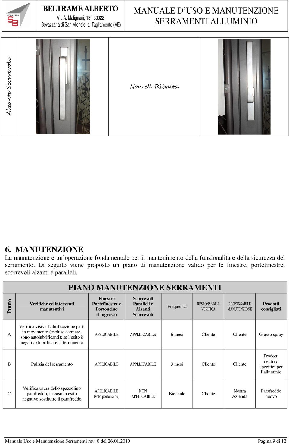 PIANO MANUTENZIONE SERRAMENTI Punto Verifiche ed interventi manutentivi Finestre Portefinestre e Portoncino d ingresso Scorrevoli Paralleli e Alzanti Scorrevoli Frequenza RESPONSABILE VERIFICA