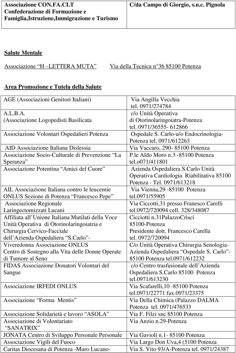 0971/612263 AID Associazione Italiana Dislessia Via Vaccaro, 290- Associazione Socio-Culturale di Prevenzione La P.le Aldo Moro n.3 - Speranza tel.