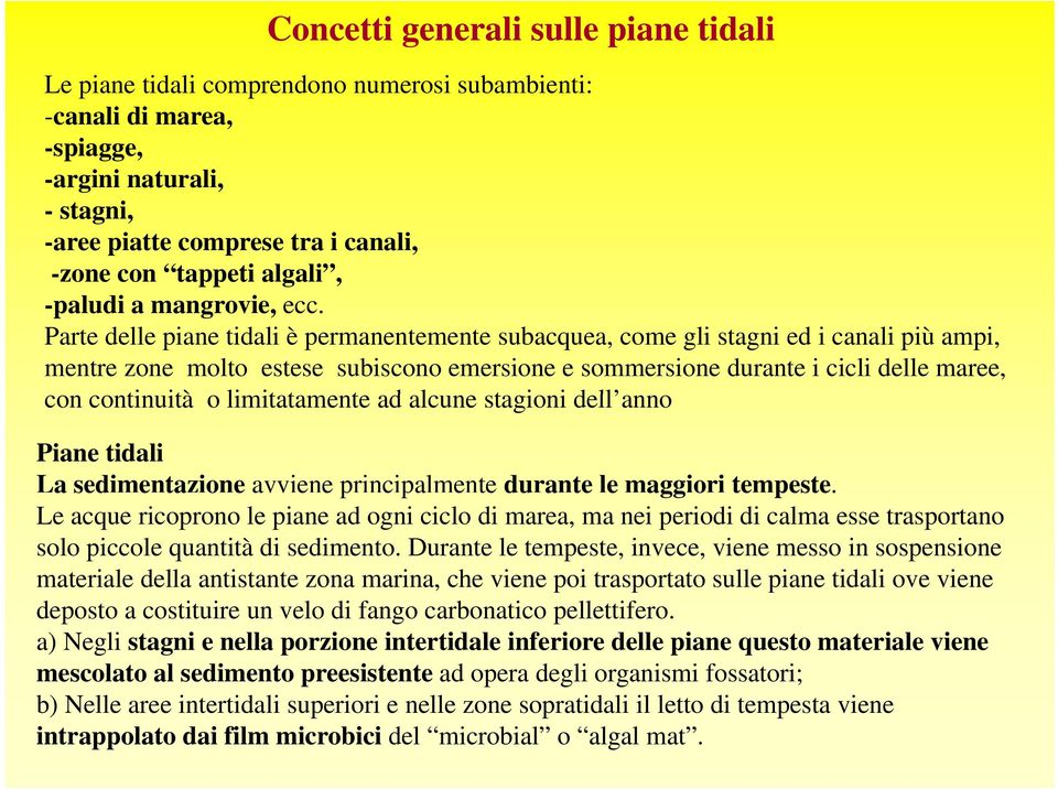 Parte delle piane tidali è permanentemente subacquea, come gli stagni ed i canali più ampi, mentre zone molto estese subiscono emersione e sommersione durante i cicli delle maree, con continuità ità