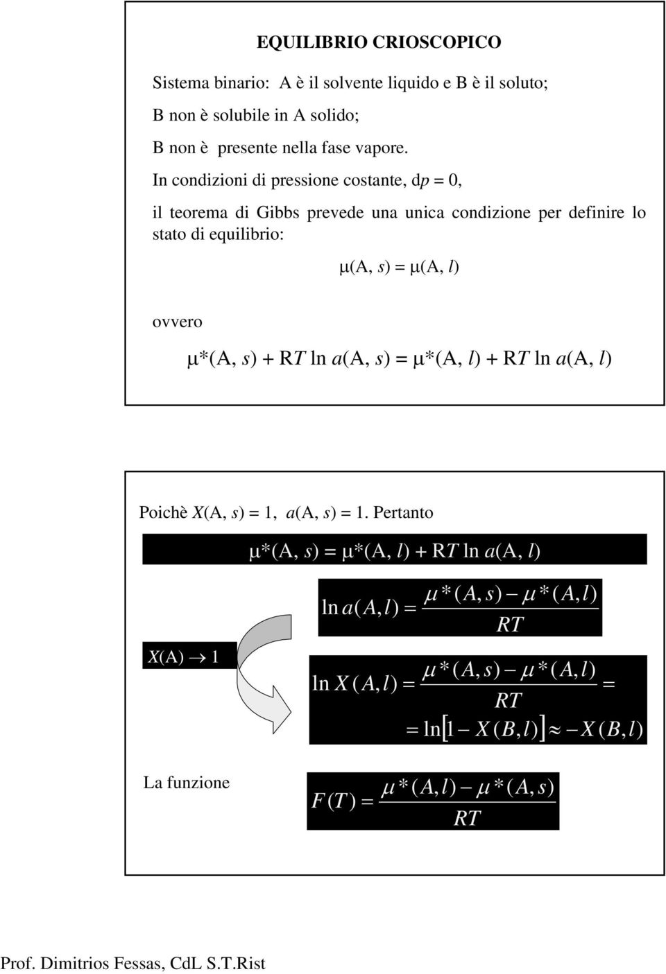 In condzon d ressone costante, d 0, l teorema d Gbbs revede una unca condzone er defnre lo stato d equlbro: μ,