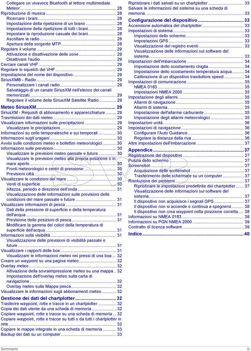 .. 29 Attivazione e disattivazione delle zone... 29 Disattivare l'audio... 29 Cercare canali VHF... 29 Regolare lo squelch del VHF... 29 Impostazione del nome del dispositivo... 29 SiriusXM - Radio.