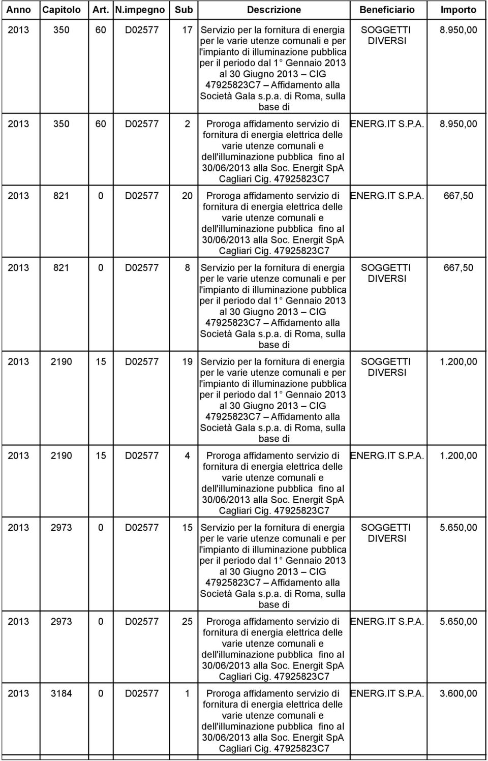8.950,00 2013 821 0 D02577 20 Proroga affidamento servizio di ENERG.IT S.P.A.