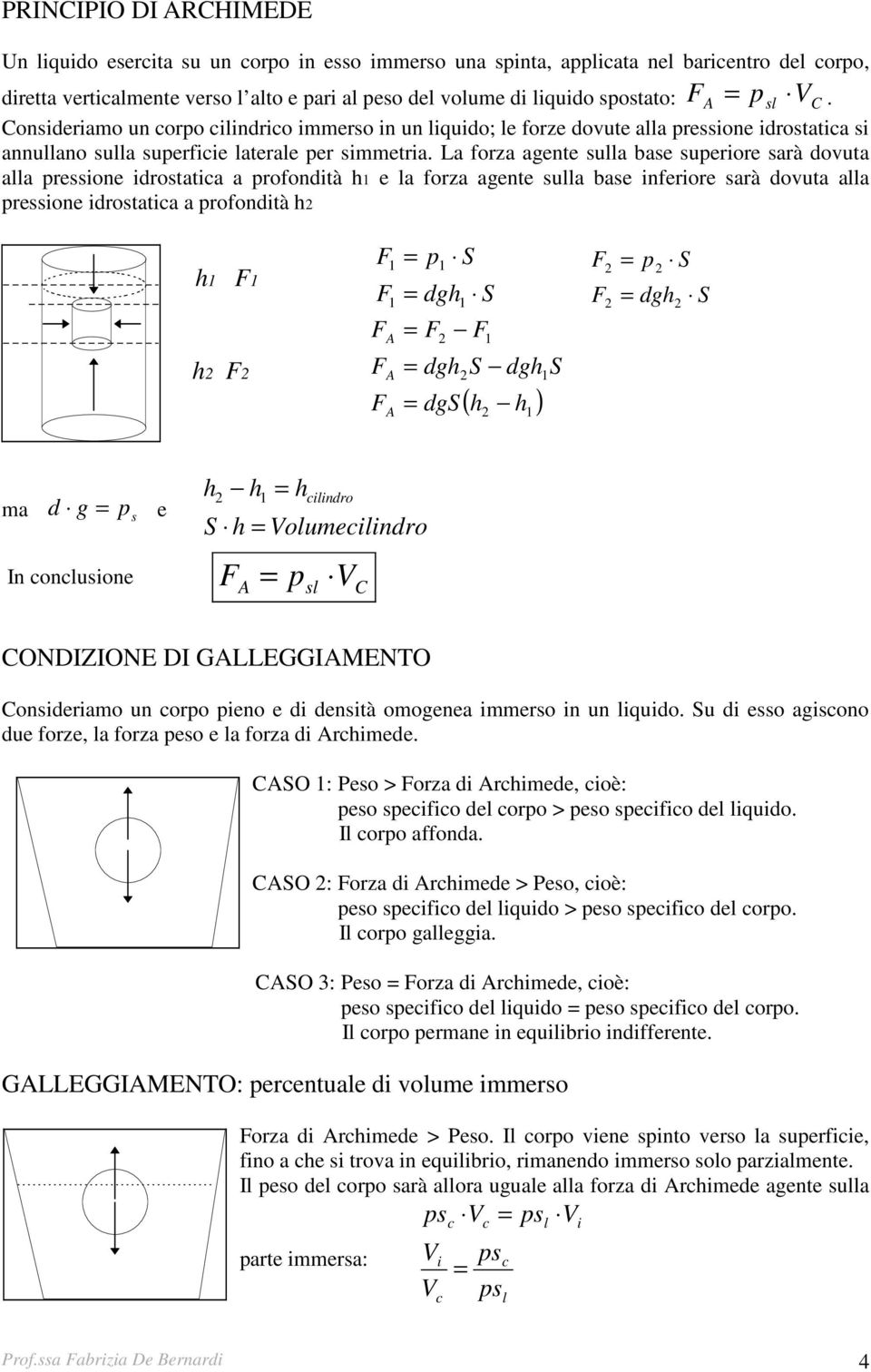 La forza agente sulla base superiore sarà dovuta alla pressione idrostatica a profondità h e la forza agente sulla base inferiore sarà dovuta alla pressione idrostatica a profondità h h h p dgh dgh