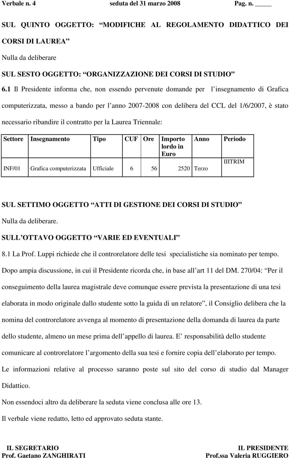 ribandire il contratto per la Laurea Triennale: Settore Insegnamento Tipo CUF Ore Importo lordo in Euro Anno INF/01 Grafica computerizzata Ufficiale 6 56 2520 Terzo Periodo IIITRIM SUL SETTIMO