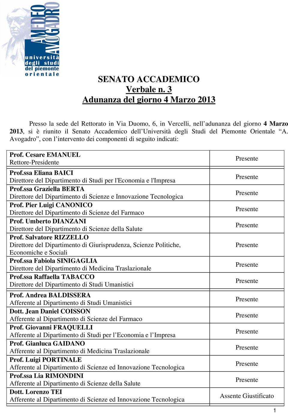 Piemonte Orientale A. Avogadro, con l intervento dei componenti di seguito indicati: Prof. Cesare EMANUEL Rettore-Presidente Prof.