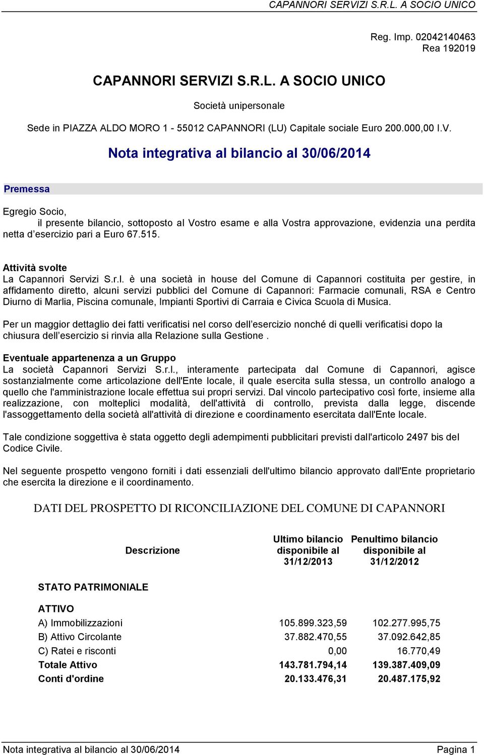 Nota integrativa al bilancio al 30/06/2014 Premessa Egregio Socio, il presente bilancio, sottoposto al Vostro esame e alla Vostra approvazione, evidenzia una perdita netta d esercizio pari a Euro 67.